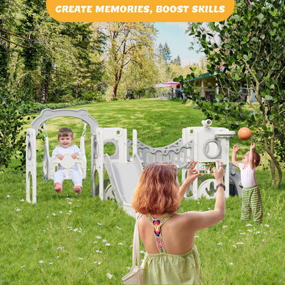 67i Toddler Indoor Playground Slide and Swing Set with Climbing Arch, Golf, Basketball - Outdoor Playset for Toddlers 1-3, Kids Activity Center (White Gray, with Swing)