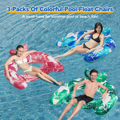 KEUCL Pool Floats, 3 Pack Inflatable Pool Float Chairs with Cupholders & Handles, Pool Floats Adult & Kids Perfect for Pool Lake & Rivers, Pool Toys Party, Relaxing Inflatable Chair for Swimming Pool