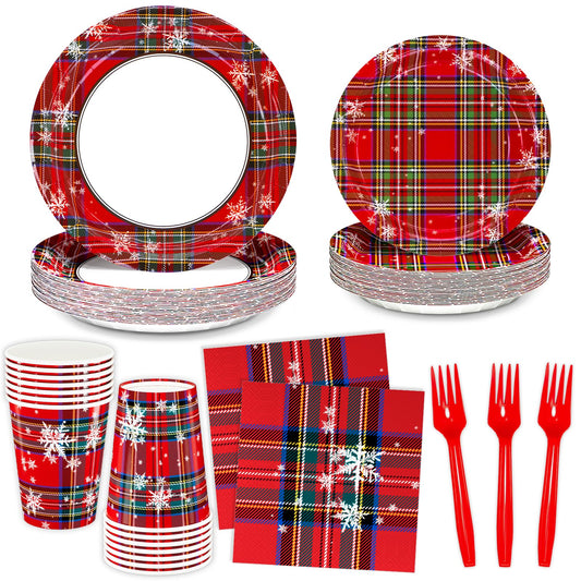 DYLIVeS Tartan Plaid with Snowflake Party Supplies, Tartan Plaid Decorations Disposable Dinnerware Set, Red and Green Plaid 9.2" Dinner Plates, 7" Dessert Plates, Napkins Cups Forks, Serves 24