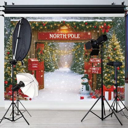 Fluzimir Christmas Photography Backdrop 10x8ft – Rustic Snowy Forest Barn Door with Xmas Tree, North Pole Winter Scene Fabric Photo Background for Family Party, Baby Holiday Photos