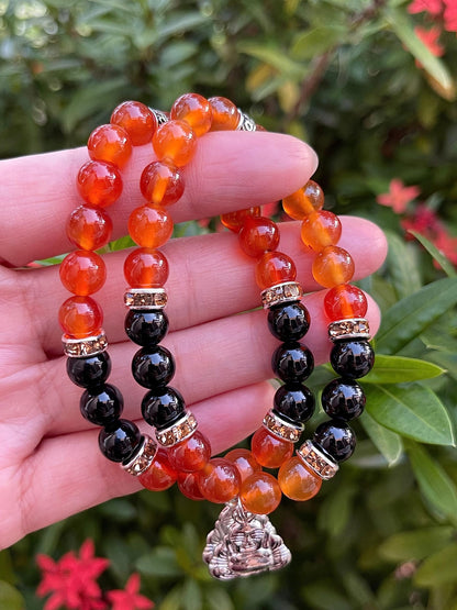 GAF TREASURES Red Agate & Black Onyx with Happy Buddha Crystal Bead Bracelet 8mm, Genuine Red Agate & Black Onyx Stretch Gemstone Bracelet, Healing Crystal Bracelet, Gift for Men & Women (1)