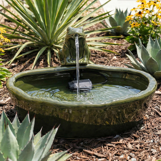 Sunnydaze Ceramic Solar-Powered Water Fountain - Green Glaze - Low-Voltage Submersible Pump with Filter - Frog