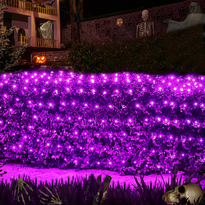 WBao Halloween Lights Outdoor 200LED F8 Big Bulbs, 8.4ft x 5.2ft Halloween Net Lights with 8 Modes, Timer, Connectable, Waterproof & Dark Green Wire for Lawn, Bushes, Trees Outdoor Decorations, Purple