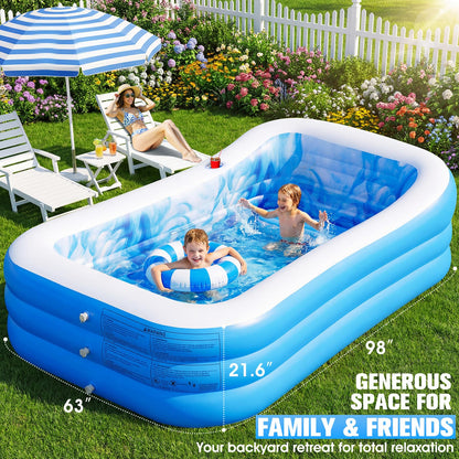 AixPool Inflatable Pool with Seats and Headrest,Oversized Thickened Large Blow Up Pool for Audlt,Inflatable Backyard Pools for Adult,Durable Swim Center Inflatable Family Lounge Pool 98"x63"x21.6"