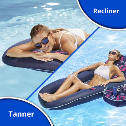 Aqua Campania Ultimate 2-in-1 Pool Float Lounge – Extra Large – Inflatable Pool Floats for Adults with Adjustable Backrest & Cupholder Caddy – Teal Hibiscus
