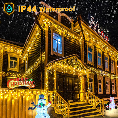 Nielfoi Warm White Christmas Lights Outdoor, 66ft 640 LED Icicle Lights for Outside House with Connectable Clear Wire 8 Modes Timer, Plug in Waterproof for Eaves Yard Party Indoor Holiday Decoration