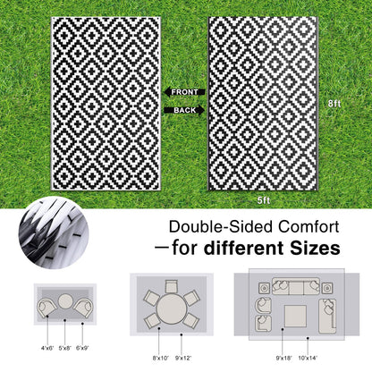 OLANLY Waterproof Outdoor Rug 5x8 ft, Outdoor Plastic Straw Rug for Camping, RV Mat Outside, Indoor Outdoor Carpet for Porch, Deck, Backyard, Balcony, Picnic, Black & White