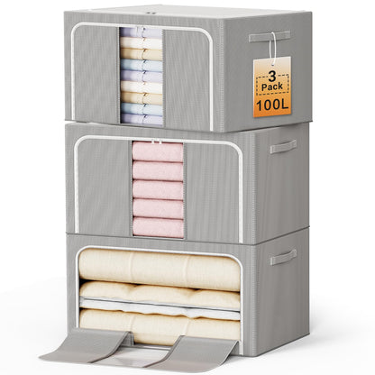 LeArex Clothes Storage Bins with Metal Frame Foldable Storage Box Clothes Organizers Storage Containers for Clothes Sheets Blankets Books Toys Gifts and Holiday Decorations (100Lx3 Pack)
