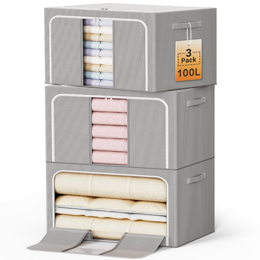 LeArex Clothes Storage Bins with Metal Frame Foldable Storage Box Clothes Organizers Storage Containers for Clothes Sheets Blankets Books Toys Gifts and Holiday Decorations (100Lx3 Pack)