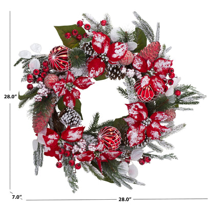 SAFAVIEH Home Collection - 28" Faux Snowy Needle Pine Wreath with Red Poinsettias, Ornaments & Pinecones (FXP1032A)