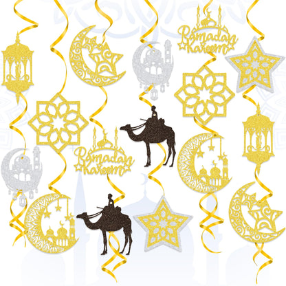 38PCS Ramadan Mubarak Decorations Umrah Mubarak Hang Swirl Star Moon Lantern Decor Sign for Eid Festival Muslim Islam Party Decoration Supplies