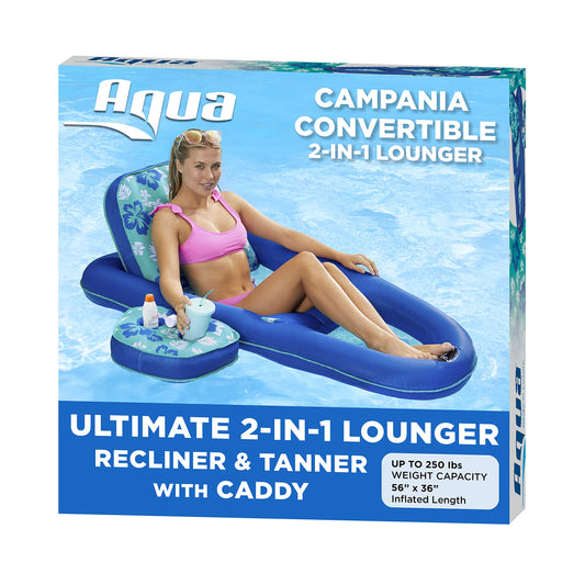 Aqua Campania Ultimate 2-in-1 Pool Float Lounge – Extra Large – Inflatable Pool Floats for Adults with Adjustable Backrest & Cupholder Caddy – Teal Hibiscus