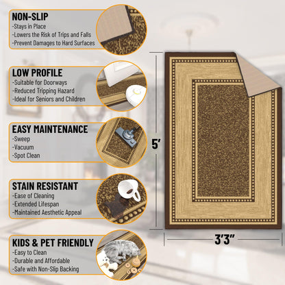 Ottomanson Area Rug 3'3" x 5' – Non Slip Rubber Backed Indoor Rug, Low Pile Accent Rug for Living Room, Bedroom, Entryway, Kitchen, Durable Floor Carpet, Border Dark Brown