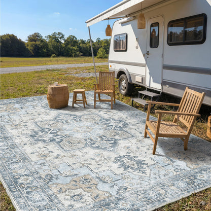 GENIMO Outdoor & Indoor Area Rug 10'x14', Waterproof, Non-Shedding, Easy Cleaning, Boho Mat for Patio, Living Room, Balcony, Dining Room, RV, Deck, Bedroom, Camping, Outside Carpet,Blue