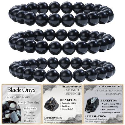 Bivei 2-Piece 8mm Beaded Bracelets for Women – Black Onyx, Black Obsidian – Handmade Natural Crystal Stretch Elastic Jewelry for Meditation, Yoga, Protection Gifts