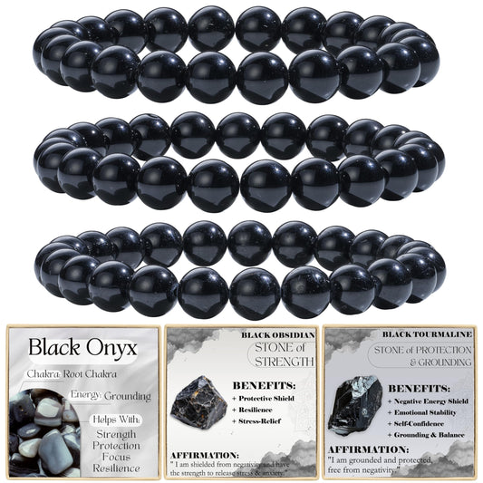 Bivei 2-Piece 8mm Beaded Bracelets for Women – Black Onyx, Black Obsidian – Handmade Natural Crystal Stretch Elastic Jewelry for Meditation, Yoga, Protection Gifts