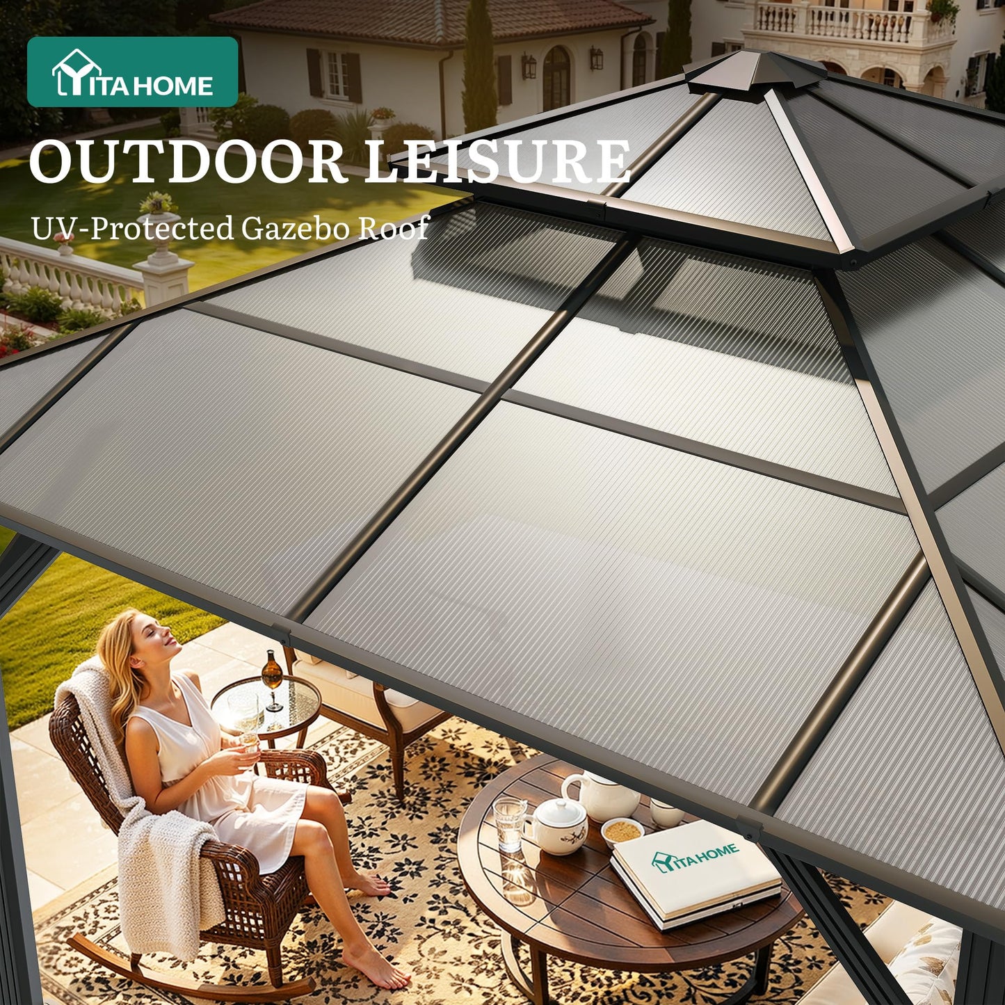 YITAHOME 10x10FT Gazebo Polycarbonate Hardtop Double Roof Canopy Outdoor with Netting and Shaded Curtains, Metal Frame Garden Tent for Patio, Backyard, Deck and Lawns, Grey