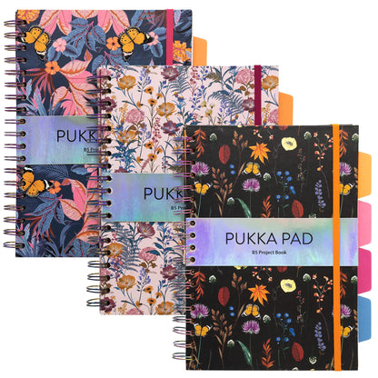 Pukka Pad 5 Subject Spiral Notebook 3-Pack - 200 Pages, 100 Sheets of 80GSM Paper with Repositionable Dividers & Perforated Edges for School & Office Planning & Organization - B5-7 X 10, Bloom