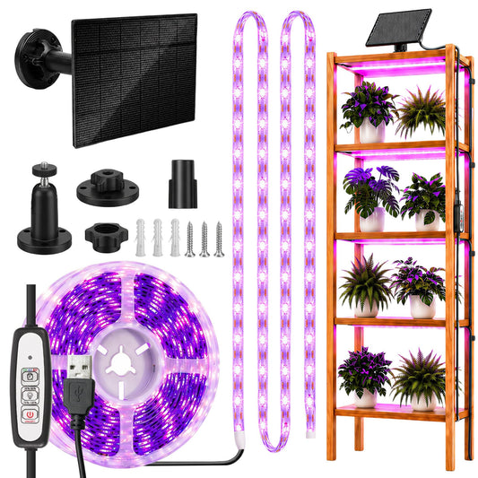 Lazukes Solar Grow Light Strip with Battery Operated for Outdoor Plant, Full Spectrum Plant Growing Lights, IP65 Waterproof for Greenhouse, 16.4FT Indoor Solar Powered with Timer for All Stage Plants