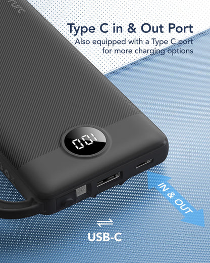VRURC Portable Charger with Built in Cables, Slim Power Bank 10000mAh, USB C Travel Battery Pack, 5 Output 2 Input External Charging Bank for iPhone 17 16 15 14 13,Samsung,Android-Black(1 Pack)