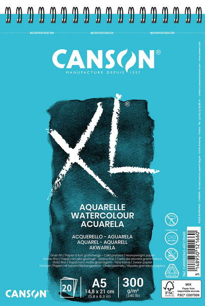 CANSON XL Watercolour 300gsm A5 Paper, Cold Pressed, Spiral Pad Short Side, 30 White Sheets, Ideal for Professional Artists