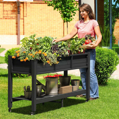 DWVO Raised Garden Bed HDPE with Wheels & Legs, 47x18x31in Weather-Resistant Poly-Wood Elevated Planter Box Outdoor, Double Tier Planters for Patio Balcony Backyard, Black