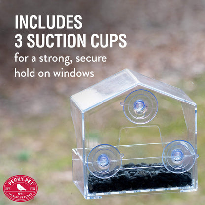Perky-Pet Clear Outdoor Window Bird Feeder with Strong Suction Cups – 1/2 Lb Seed Capacity - Perky Pet 345 - Entertaining Bird Feeding - Watch Birds Eat Seeds