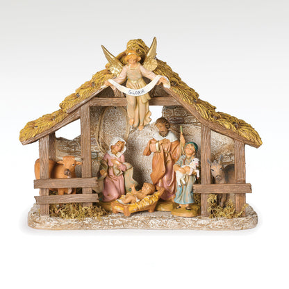 Fontanini by Roman 5" Scale Nativity Set, 7-Piece Holy Family Scene with Shepherd and Animals, Resin Stable with Angel, Classic Christmas Decoration