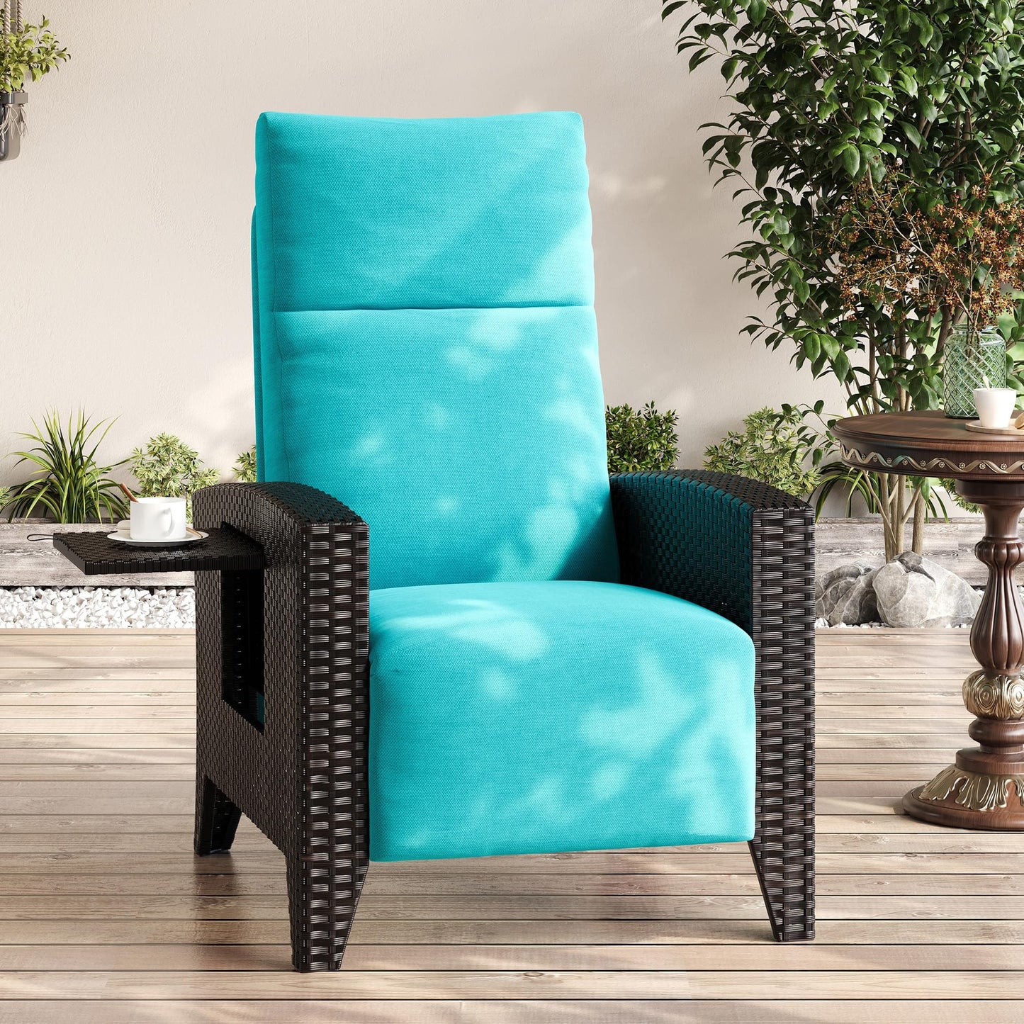 IDEALHOUSE Wicker Outdoor Recliner Reclining Patio Chair with Adjustable Back & Footrest 150° Lay-Flat Reclining with Air Pump Rattan Flip-Up Side Table Outdoor Lounge Chair for Pool Deck Balcony