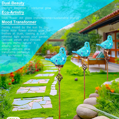 Naboher Decorative Solar Lights, Outdoor Solar Bird Stake Lights, Hand Blown Glass Decorative Garden Pathway Lights Outdoor Waterproof Glass Stakes (Light Blue)