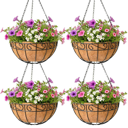4 Pack Hanging Planter for Outdoor Plants 14 inch Metal Hanging Flower Basket with Coco Coir Liner Round Wire Plant Holder Chain Flower Pots Outdoor Garden Decoration Watering Hanging Baskets（HB）