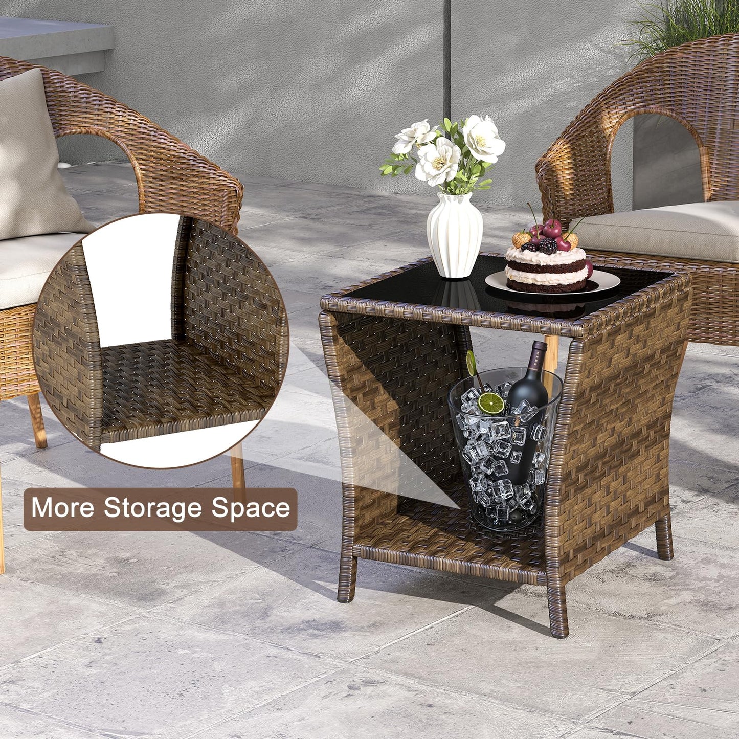 Elepude Outdoor Wicker Side Table Rattan Side Tables End Table for Patio with Glass Top Rattan Storage for Patio Garden Balcony