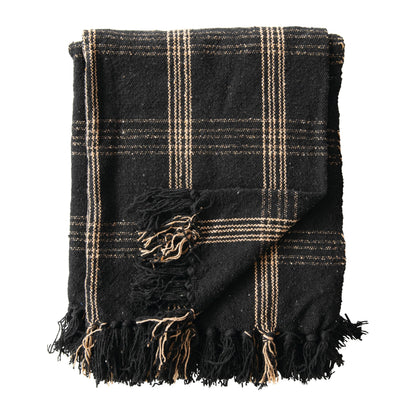 Plaid Black & Tan Fringed Woven Cotton Blend Throw