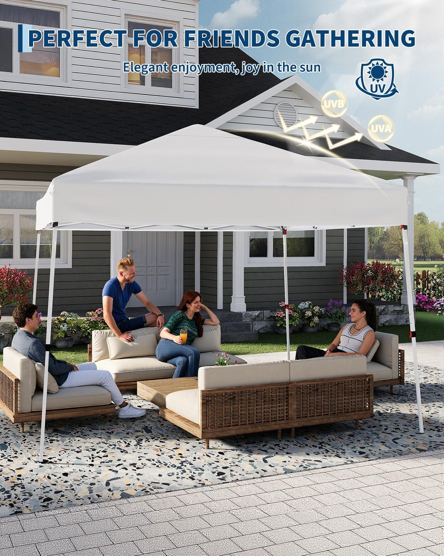 10x10ft Pop Up Canopy Tent with Slant Legs – Outdoor Instant Gazebo Shelter, UV-Resistant Waterproof Cover, Adjustable Height, Carrying Bag – 8x8ft Shade for Patio, Beach, Garden, Events