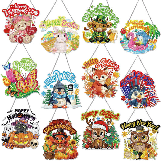 Cinnvoice 12 Pcs Seasonal Diamond Art Wreath Kits Holiday 5d DIY Diamond Painting Signs Germ Hanging Art Ornaments for Wall Door Decorations (Animal)