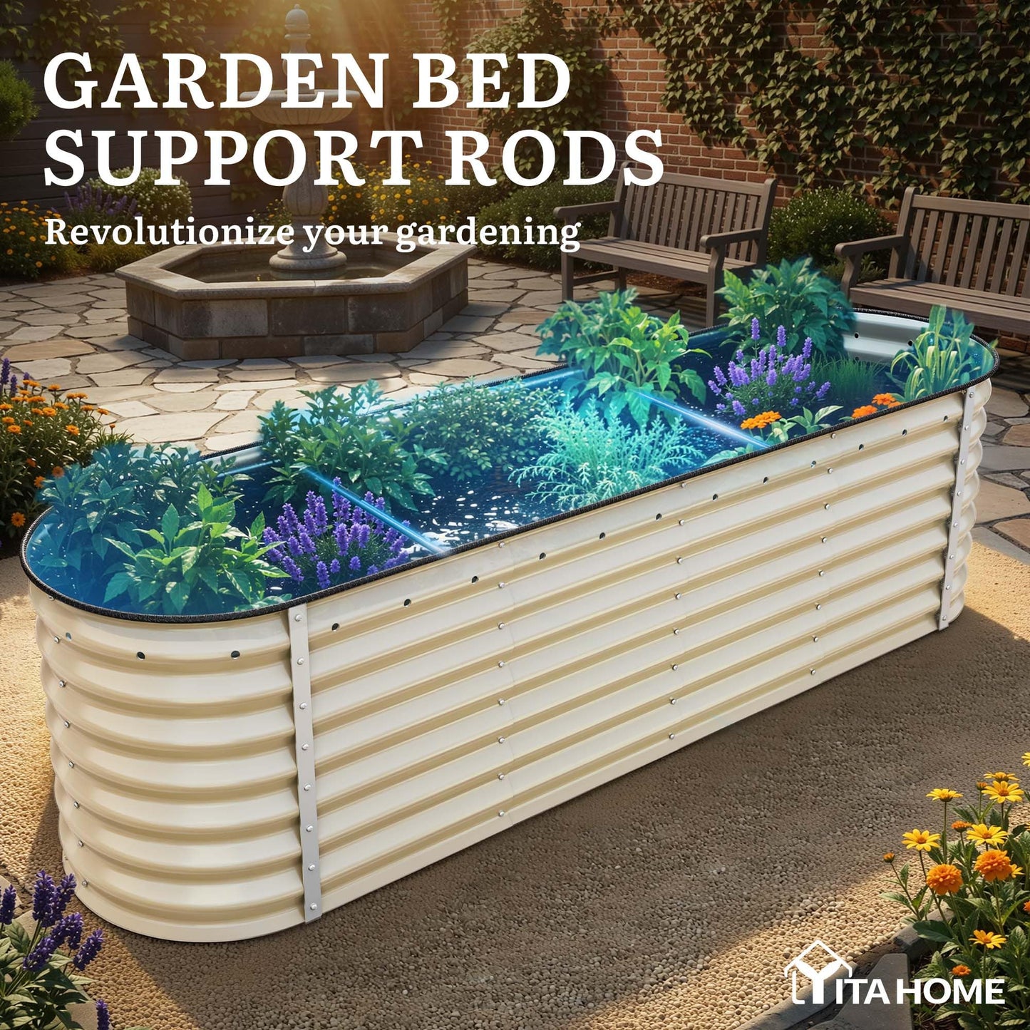 YITAHOME 8x2x2ft Raised Garden Bed Kit, 24" Tall 9 in 1 Large Galvanized Metal Planter Box with Gloves, Safety Rubber & Support Rod, Outdoor Flower Bed for Plants Vegetables Flowers, White