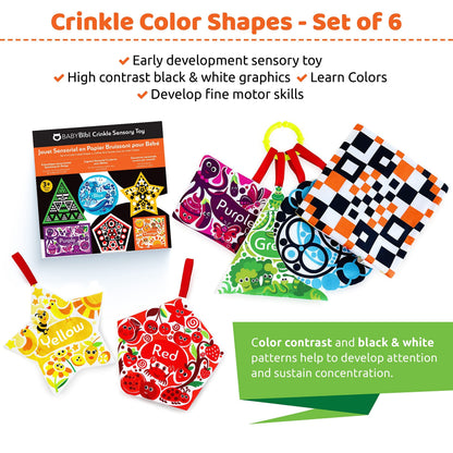 BabyBibi High Contrast Crinkle Paper Shapes - Baby Sensory Toys for Visual Development, Tummy Time - Crib, Stroller & Car Seat Crinkle Toys for Babies & Infants 3 Months+
