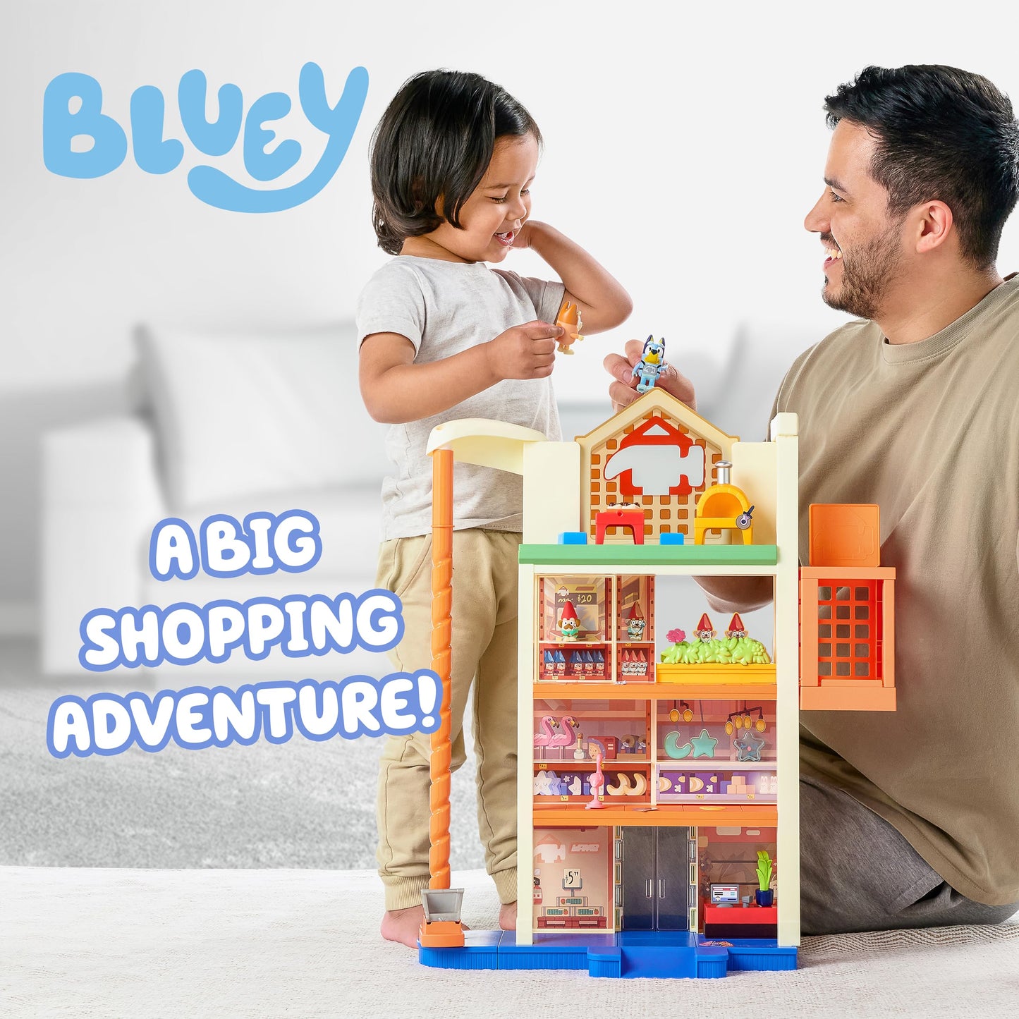 Bluey Hammerbarn Mega Kids Home Improvement Store Playset, 22”, 4 Level Pretend Store with 15 Accessories and 45+ Sounds, Kids Play Market for Ages 3+