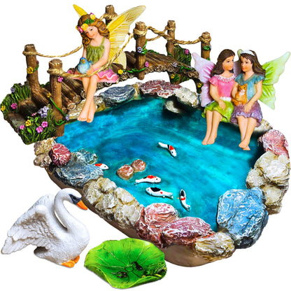 Mood Lab Fairy Garden Figurines - Fish Pond & Bridge - Miniature Decor Set (6 pcs) - Statues & Accessories - Outdoor & Indoor Garden Decor