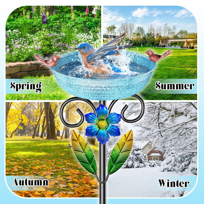 SHUONIVS Metal Bird Bath for Outside, Freestanding Birdbaths Detachable Decoration Spa Birdfeeder, Bird Baths Feeder Bowl for Outdoors Garden Patio Yard Lawn Decor (Blue+Flower)