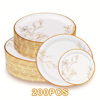 300/200/100 Disposable Tableware Set, Golden Disposable Paper Plates, 9'' Disposable Dinner Plates, 7'' Dessert Plates, Minimalist Family-size Disposable Dinnerware For Wedding Birthday Banquet Anniversary Picnic Thanksgiving Christmas Party Decor