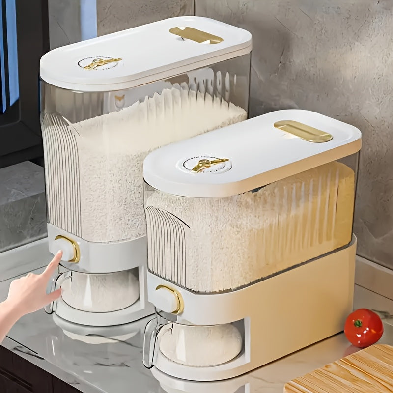 22 lbs/10kg Large Rice Dispenser with Measuring Cup & Time Scale - Plastic Grain Storage Container, Locking Lid & Window for Kitchen Pantry - Dispensing Dry Food for Rice, Wheat, Barley (Heavy-Duty