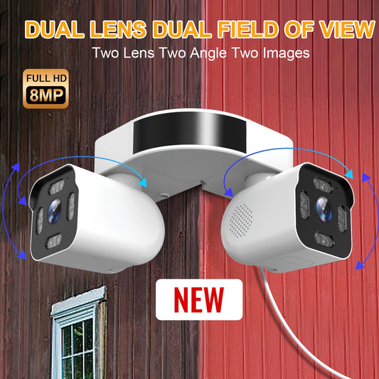 8MP Smart Wireless Wifi Security Camera Indoor, Dual Lens PTZ Surveillance Cameras Inside, 360° Panoramic View External Corner Mount With Double Bullet Cam, Full Color Night Vision, Smart AI Motion Detection, Sound & Motion Alerts