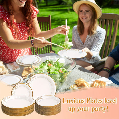 300/200/100 Disposable Tableware Set, Golden Disposable Paper Plates, 9'' Disposable Dinner Plates, 7'' Dessert Plates, Minimalist Family-size Disposable Dinnerware For Wedding Birthday Banquet Anniversary Picnic Thanksgiving Christmas Party Decor