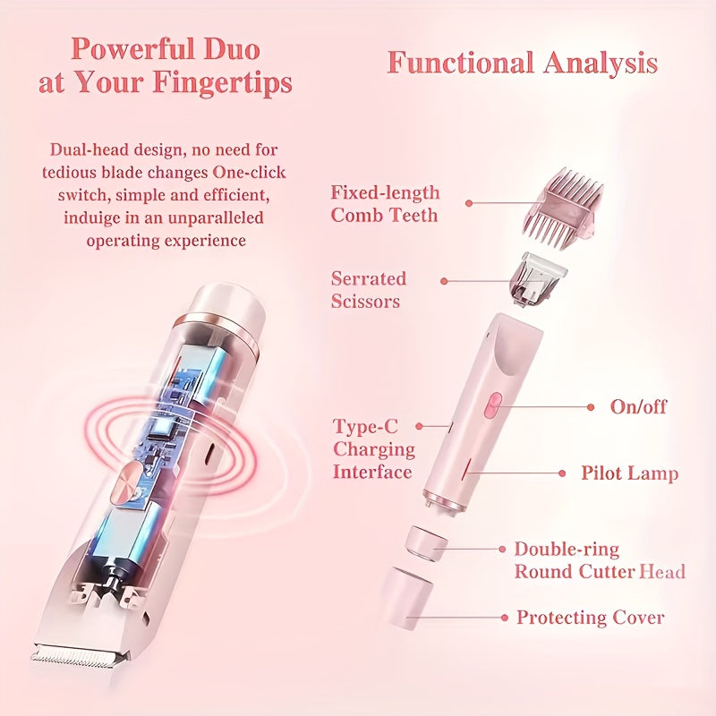 Women's 2-in-1 Dual-Head Electric Bikini Trimmer & Facial Shaver - USB- Wet/Dry Epilation Device Suitable for Bikini, Underarms, Legs, Arms, Face - Long-Lasting Battery, Body Hair Removal Tool with Ergonomic Grip