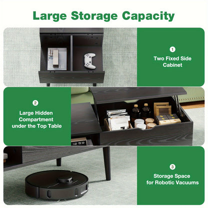 Versatile Lift Top Small Rising Wooden Dining Center Table - Elegant Black Coffee Table For Living Room - With Storage Shelf And Hidden Compartment, Ideal For Organizing And Enhancing Your Living Space