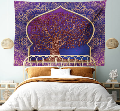 Ambesonne Ethnic Tapestry, Tree with Curved Leafless Branches Exotic Moroccan Arch Retro Art Design Print, Fabric Wall Hanging Decor for Bedroom Living Room Dorm, 28" X 23", Purple and Blue