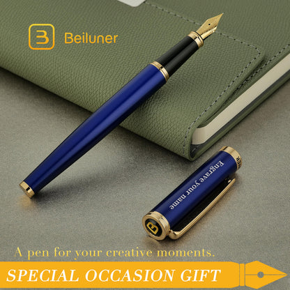 BEILUNER Blue Personalized Fountain Pen,Stunning Luxury Lacquer,24K Gilded Nib(Fine),Gorgeous 24K Gold Finish, Ink Converter,Fancy Gift for Men&Women-Elegant, Graduation,Nice Pens for Writing