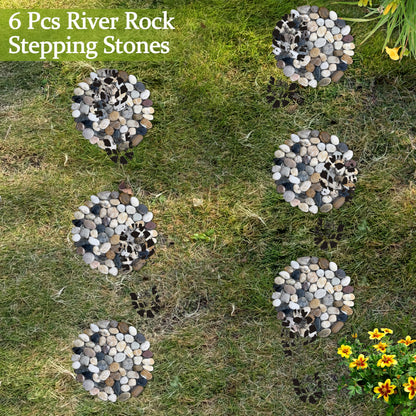 Sunnyglade 6 Pcs 9" L × 9" W River Rock Stepping Stones, Round Pebbles Polished Gravel, Outdoor Pebble River Stone Mat for Yard Lawn Patio Pathway Landscaping (Roundness, 9'')