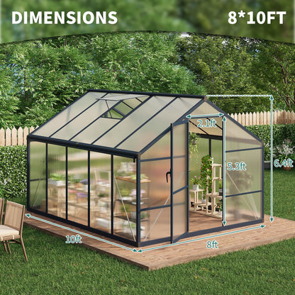 Garvee 8x10ft Greenhouse, Large Walk-in Greenhouse for Outdoors with Roof Vent & Lockable Outward-Opening Swing Door, Heavy Duty Aluminum Frame Polycarbonate Green House for Garden,Backyard,Lawn,Grey